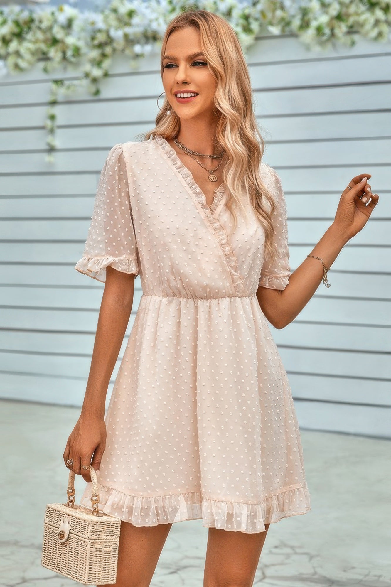 Solid Ruffle Hem Swiss Dot Short Sleeve Midi Dress