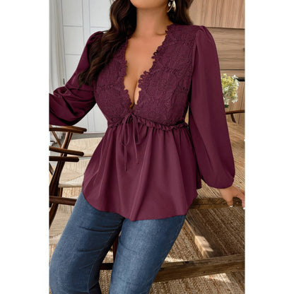 Plus Size Solid V Neck Lace Patchwork Shirt
