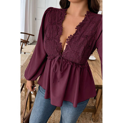 Plus Size Solid V Neck Lace Patchwork Shirt