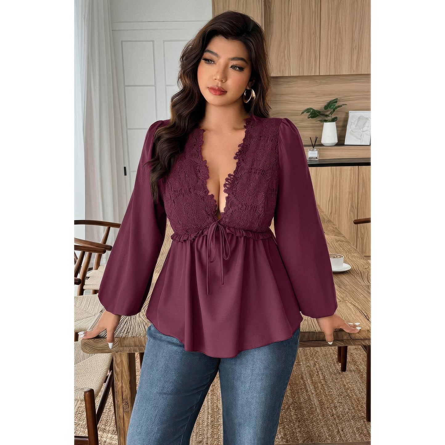 Plus Size Solid V Neck Lace Patchwork Shirt