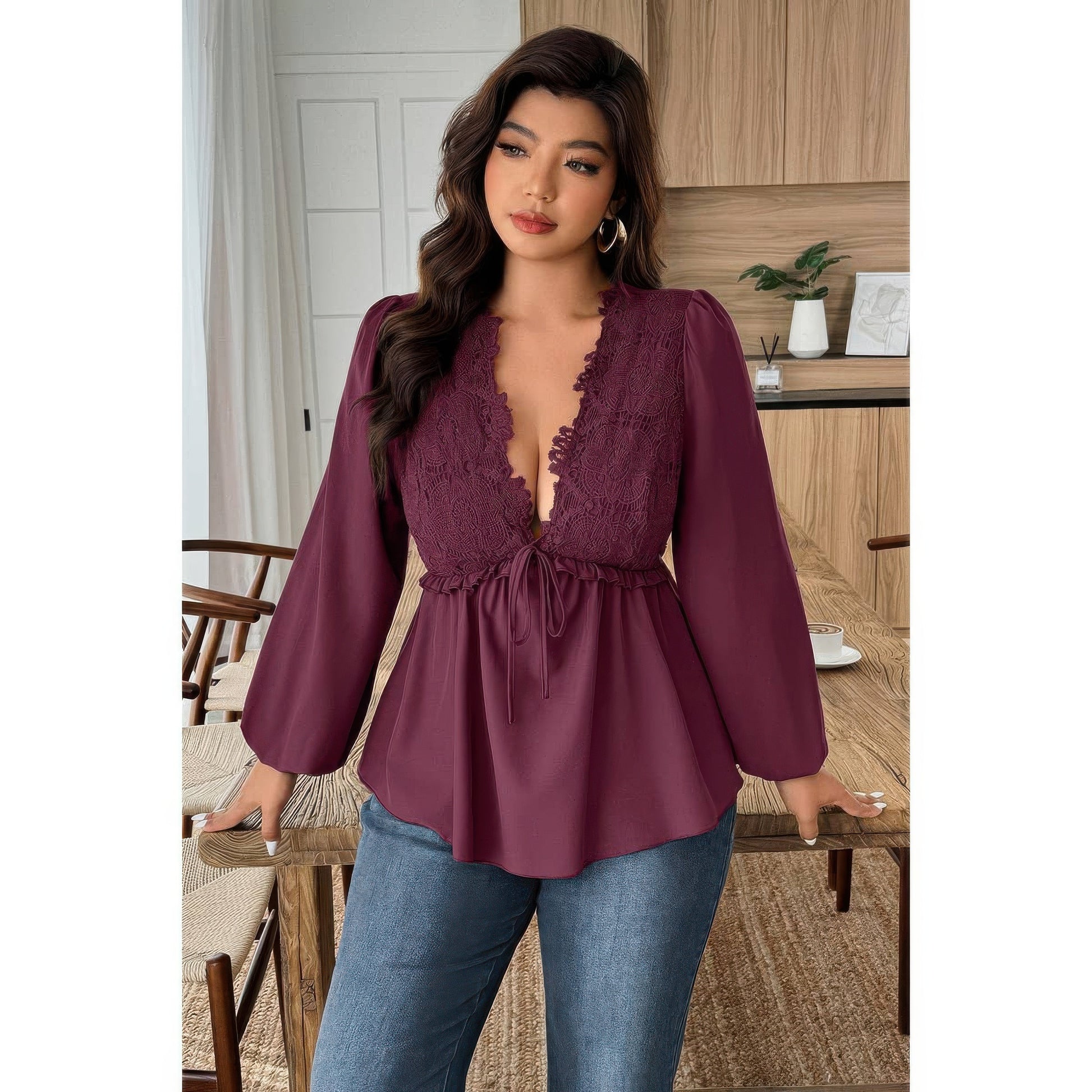 Plus Size Solid V Neck Lace Patchwork Shirt