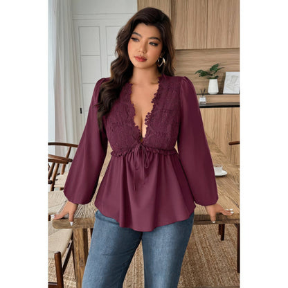 Plus Size Solid V Neck Lace Patchwork Shirt