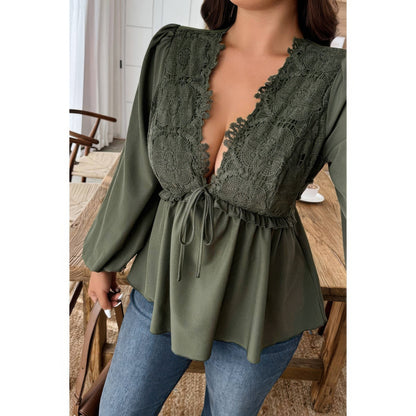 Plus Size Solid V Neck Lace Patchwork Shirt