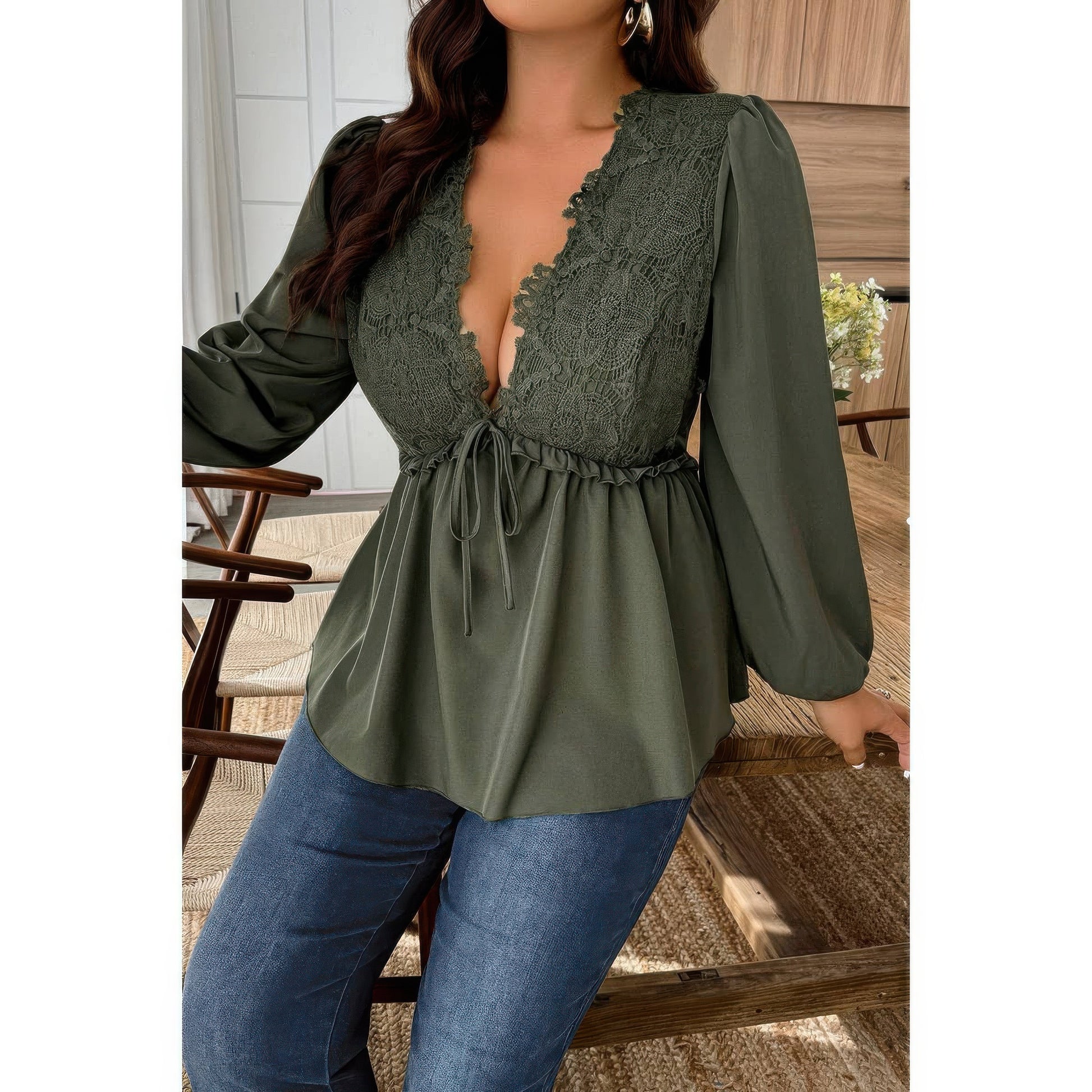 Plus Size Solid V Neck Lace Patchwork Shirt