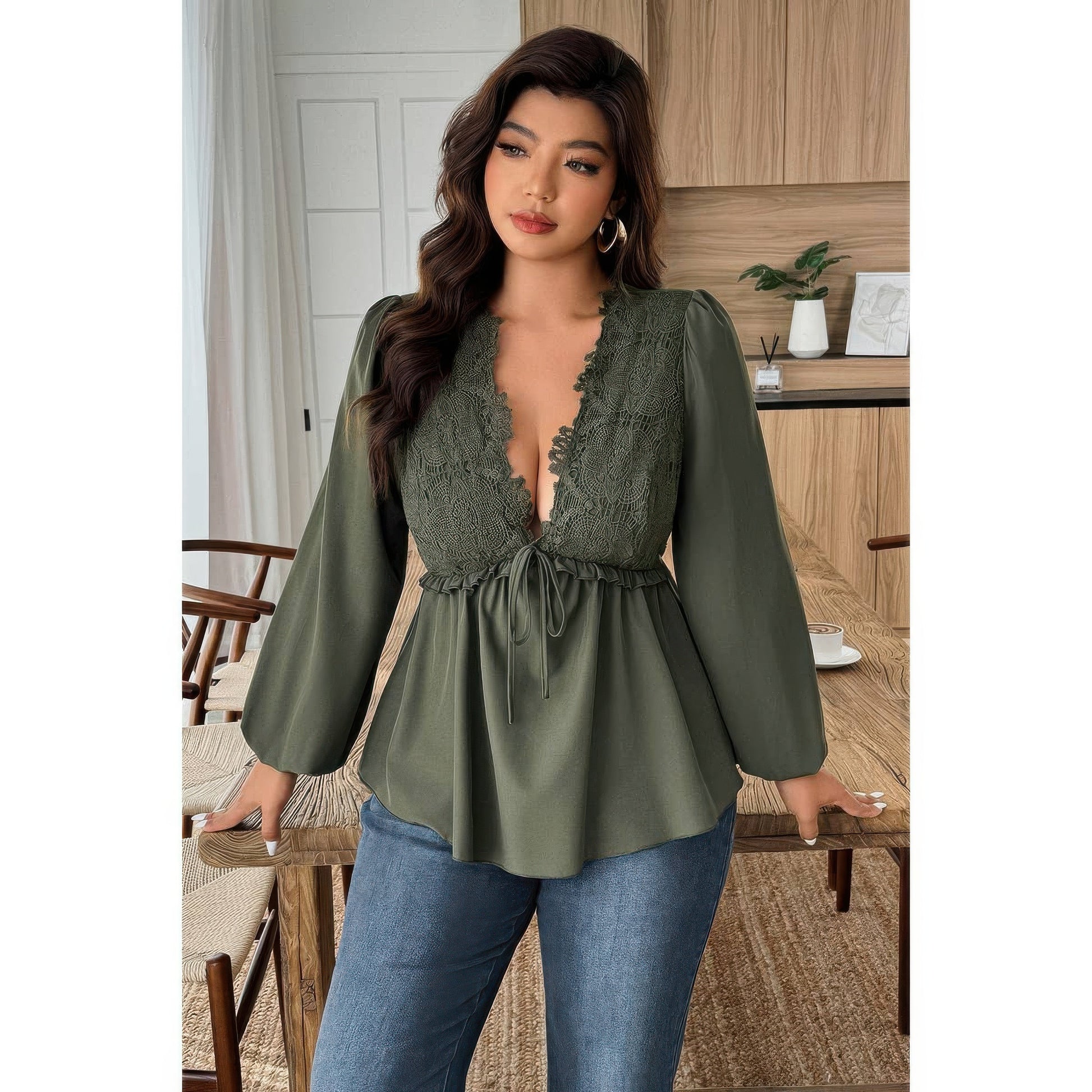 Plus Size Solid V Neck Lace Patchwork Shirt