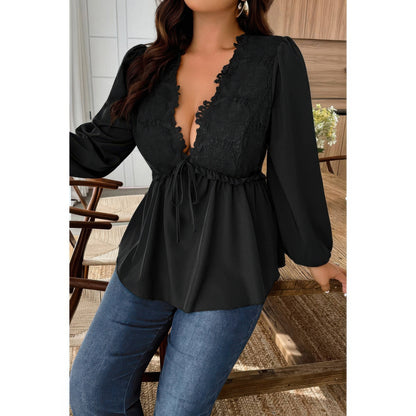 Plus Size Solid V Neck Lace Patchwork Shirt