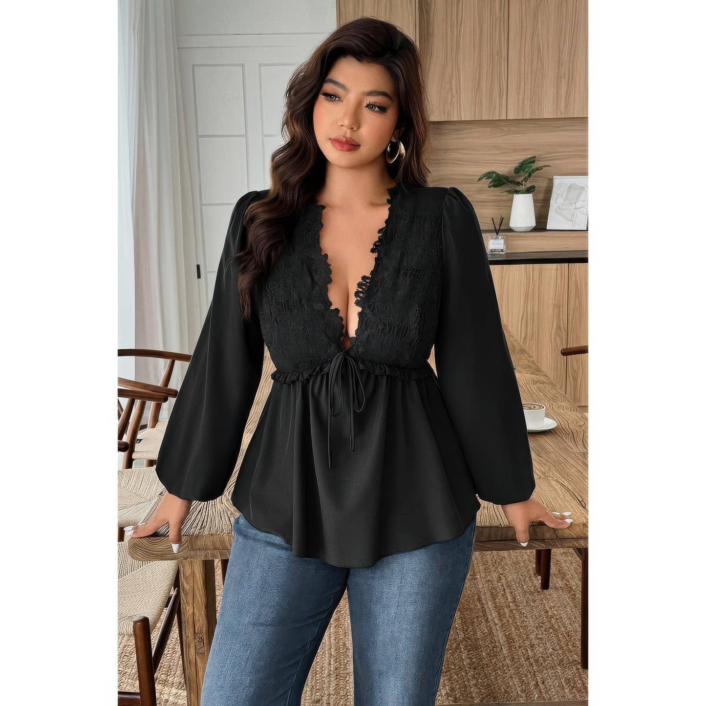 Plus Size Solid V Neck Lace Patchwork Shirt