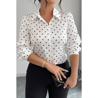 Plus Size Polka Dot Button Up Long Sleeve Shirt