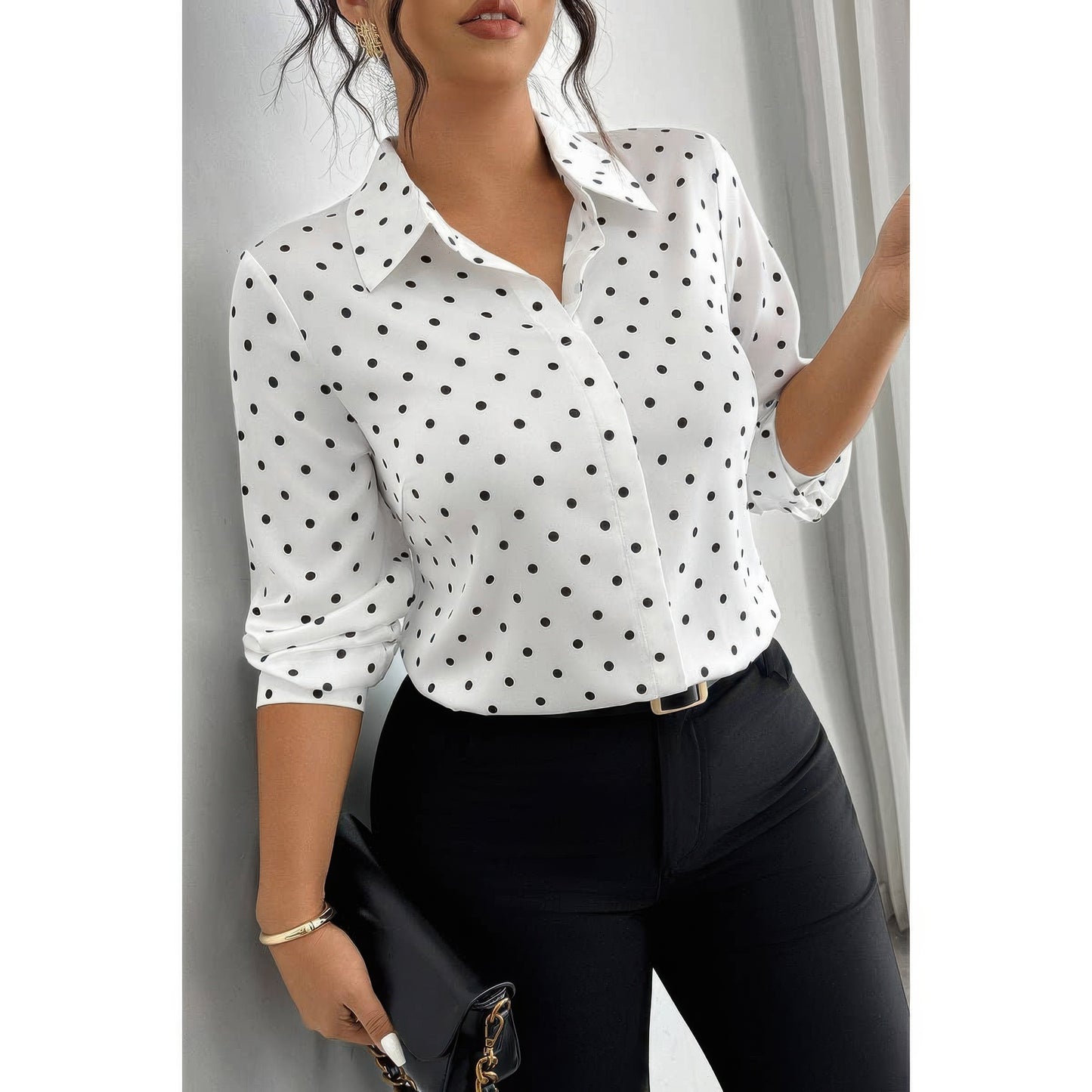 Plus Size Polka Dot Button Up Long Sleeve Shirt