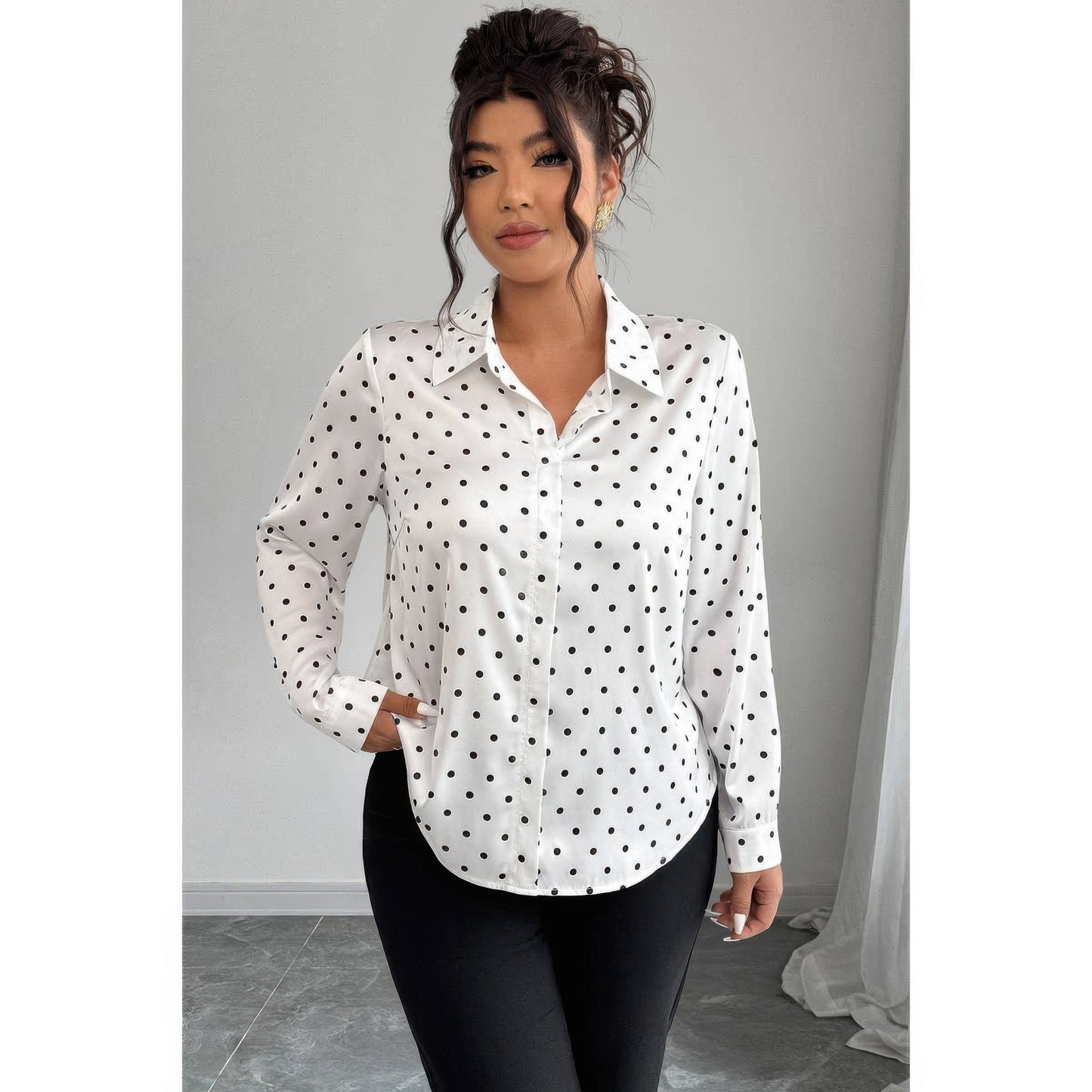 Plus Size Polka Dot Button Up Long Sleeve Shirt