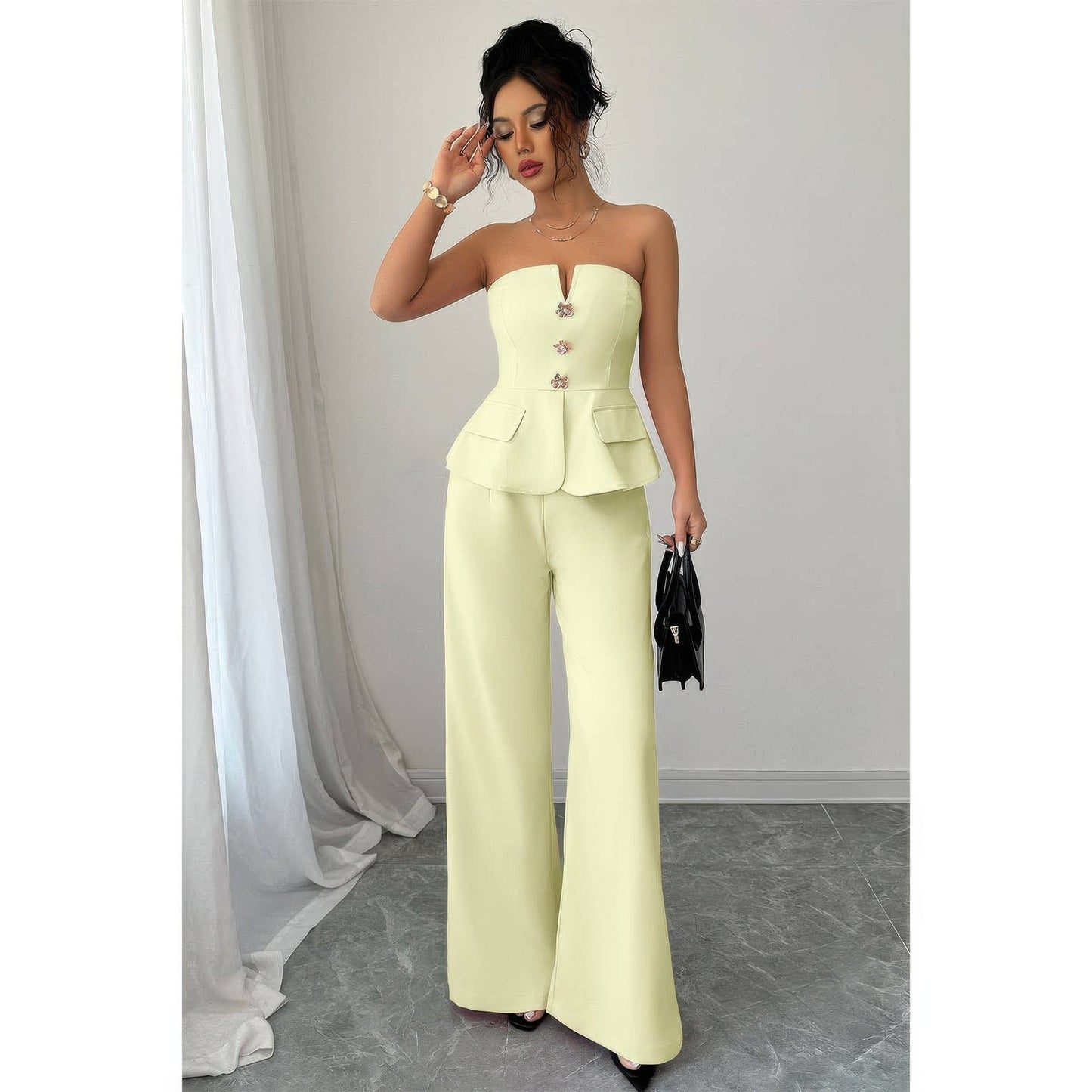 Off Shoulder Waist Cinched Wide Leg Sets