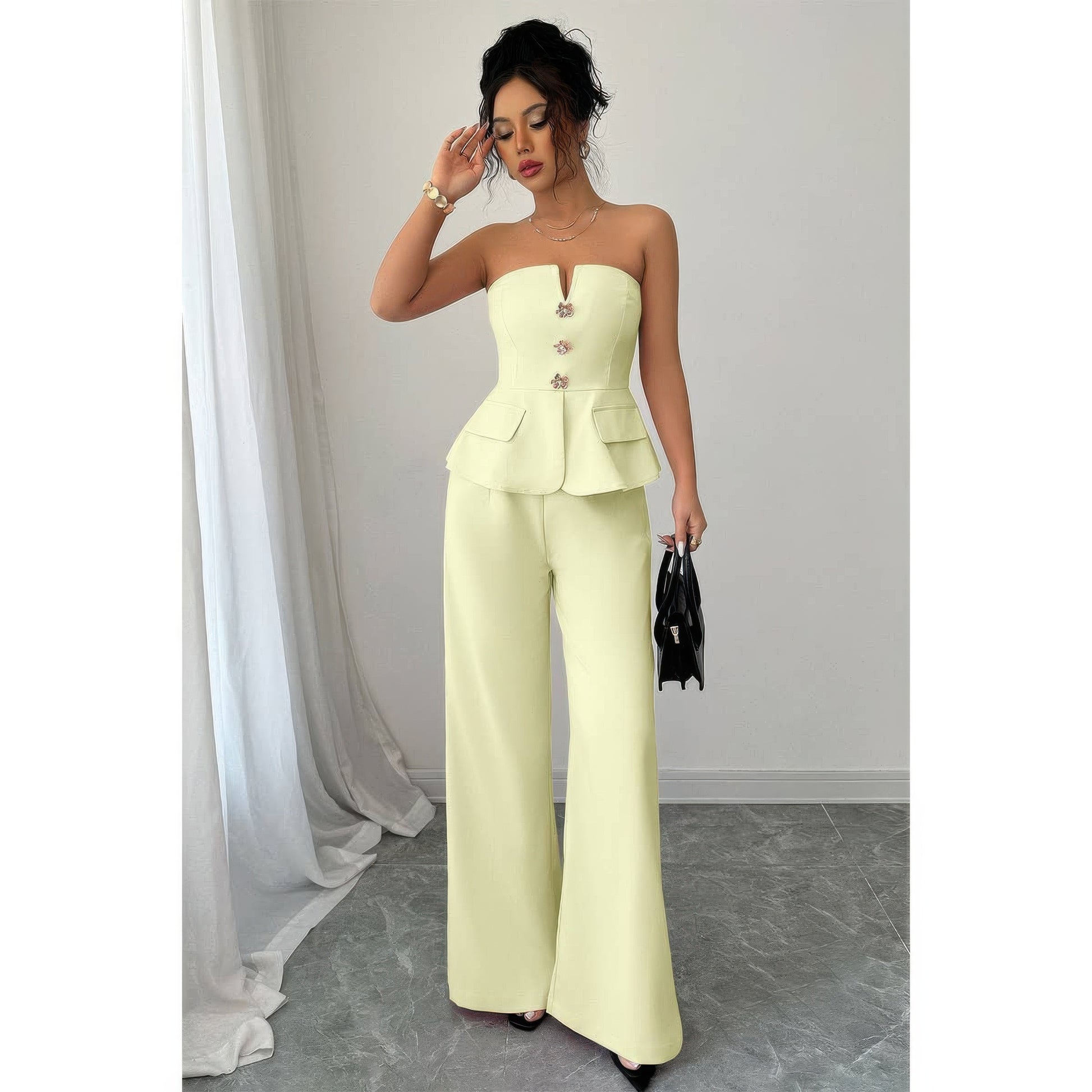 Off Shoulder Waist Cinched Wide Leg Sets