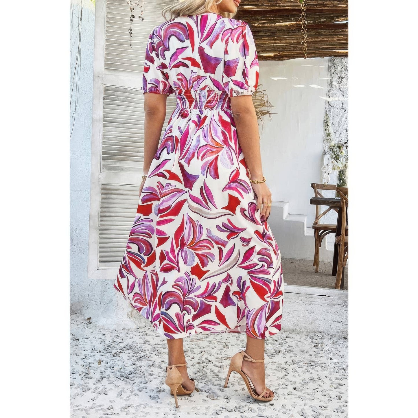 Puff Sleeves V Neck Floral Printed Midi Dress