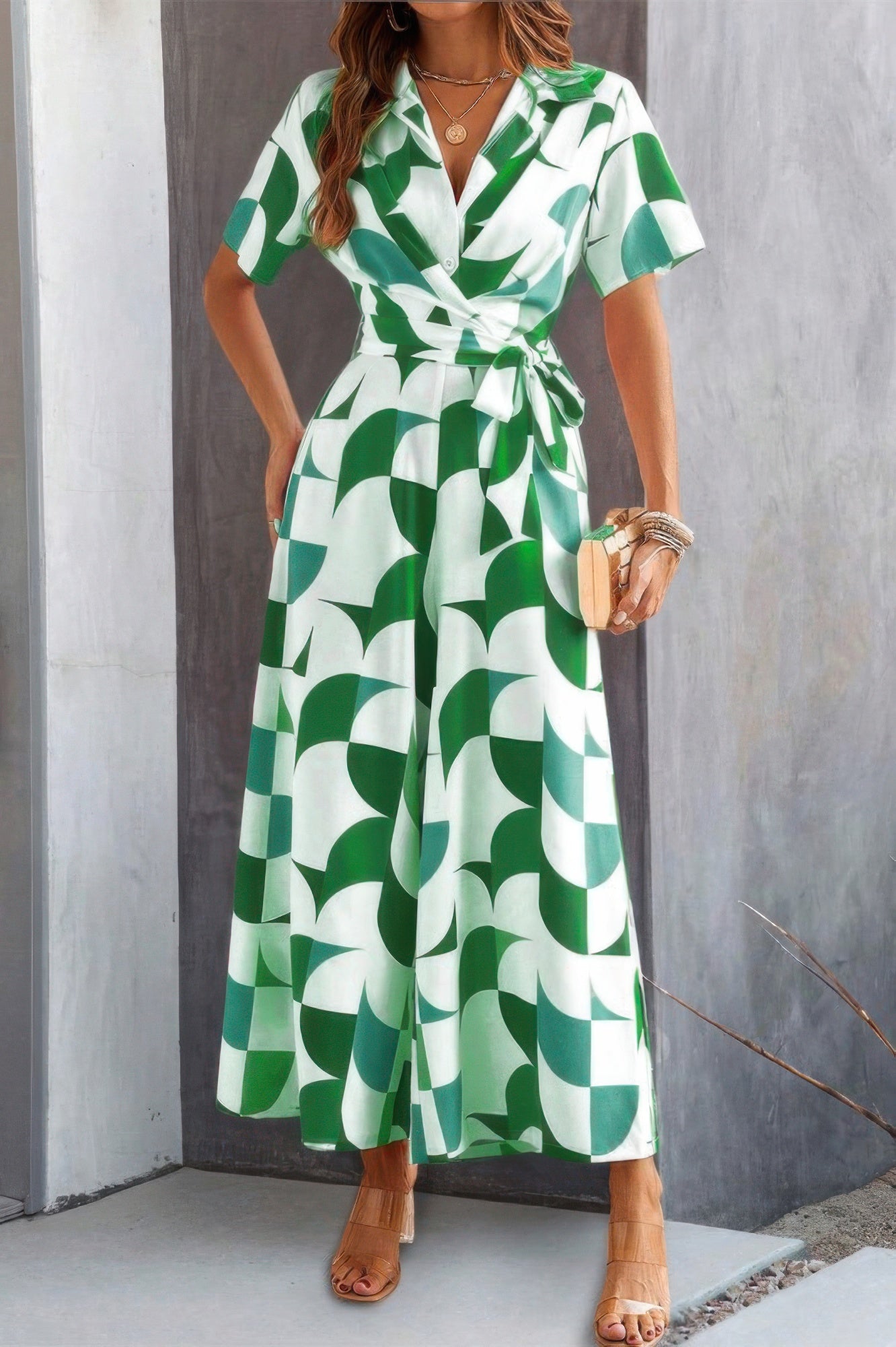 Button Geometric Print Belted Wide Leg Jumpsuit