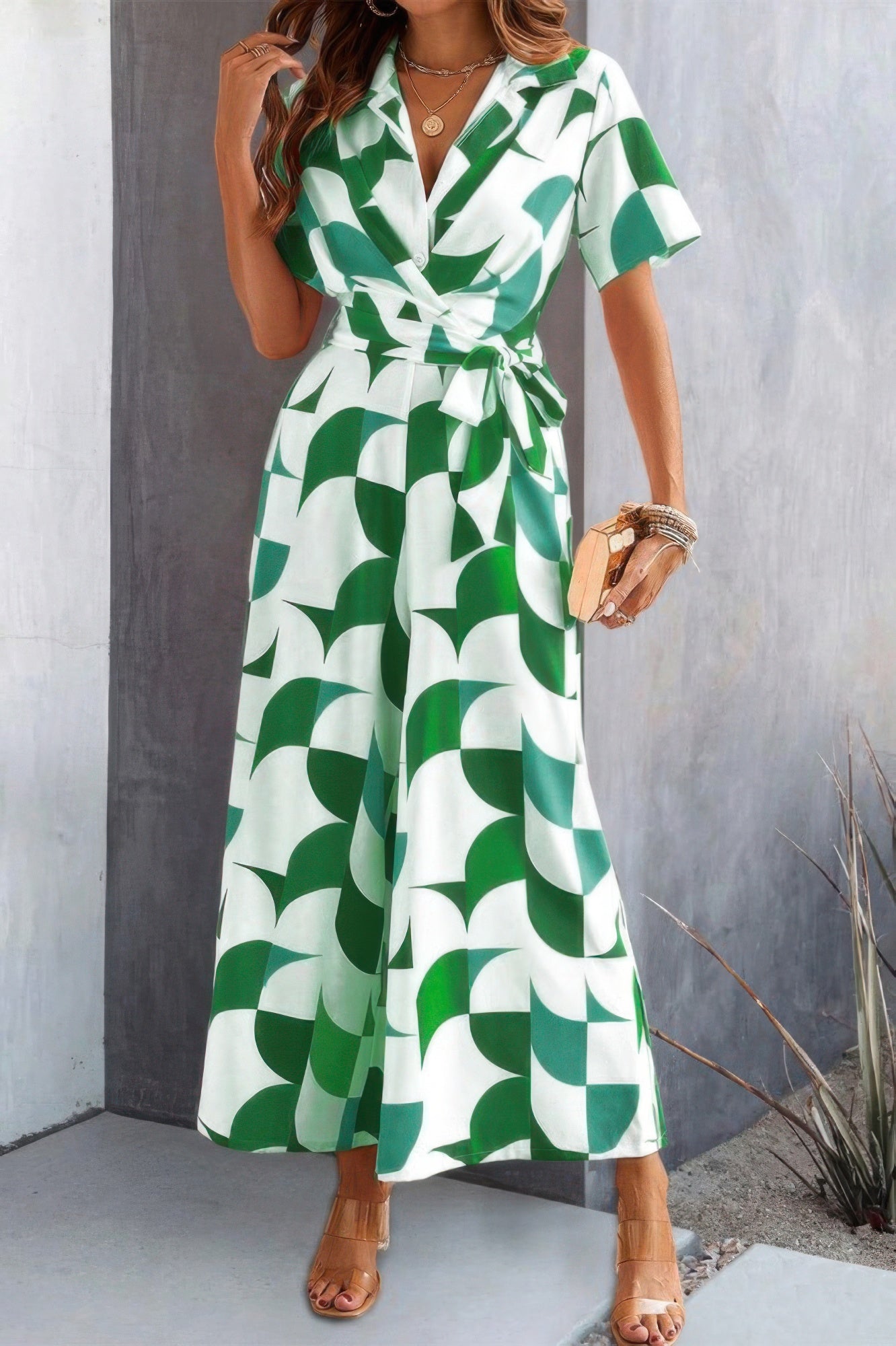 Button Geometric Print Belted Wide Leg Jumpsuit