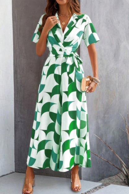 Button Geometric Print Belted Wide Leg Jumpsuit