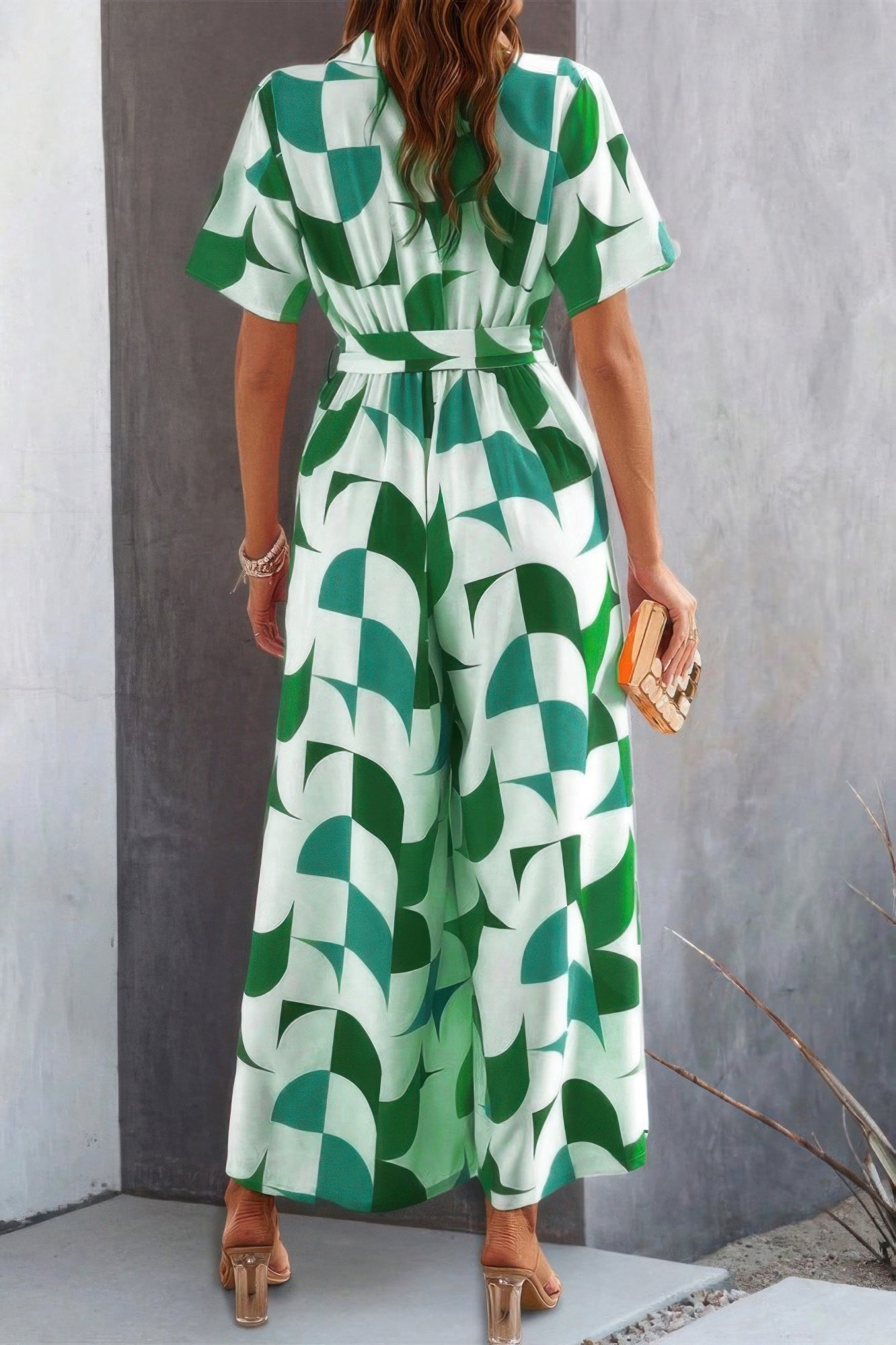 Button Geometric Print Belted Wide Leg Jumpsuit