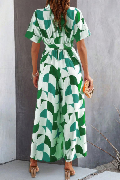 Button Geometric Print Belted Wide Leg Jumpsuit