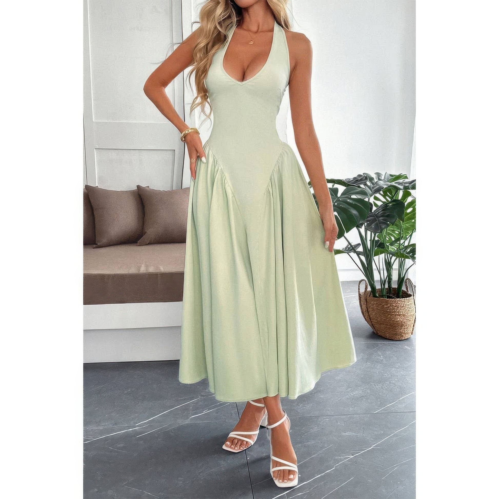 Halter Back-Zip Midi Sundress