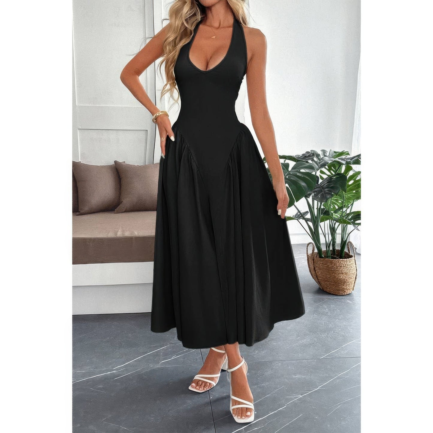 Halter Back-Zip Midi Sundress