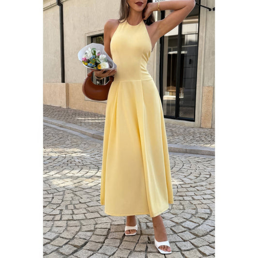 Halter Solid Dropped Hem Midi Dress