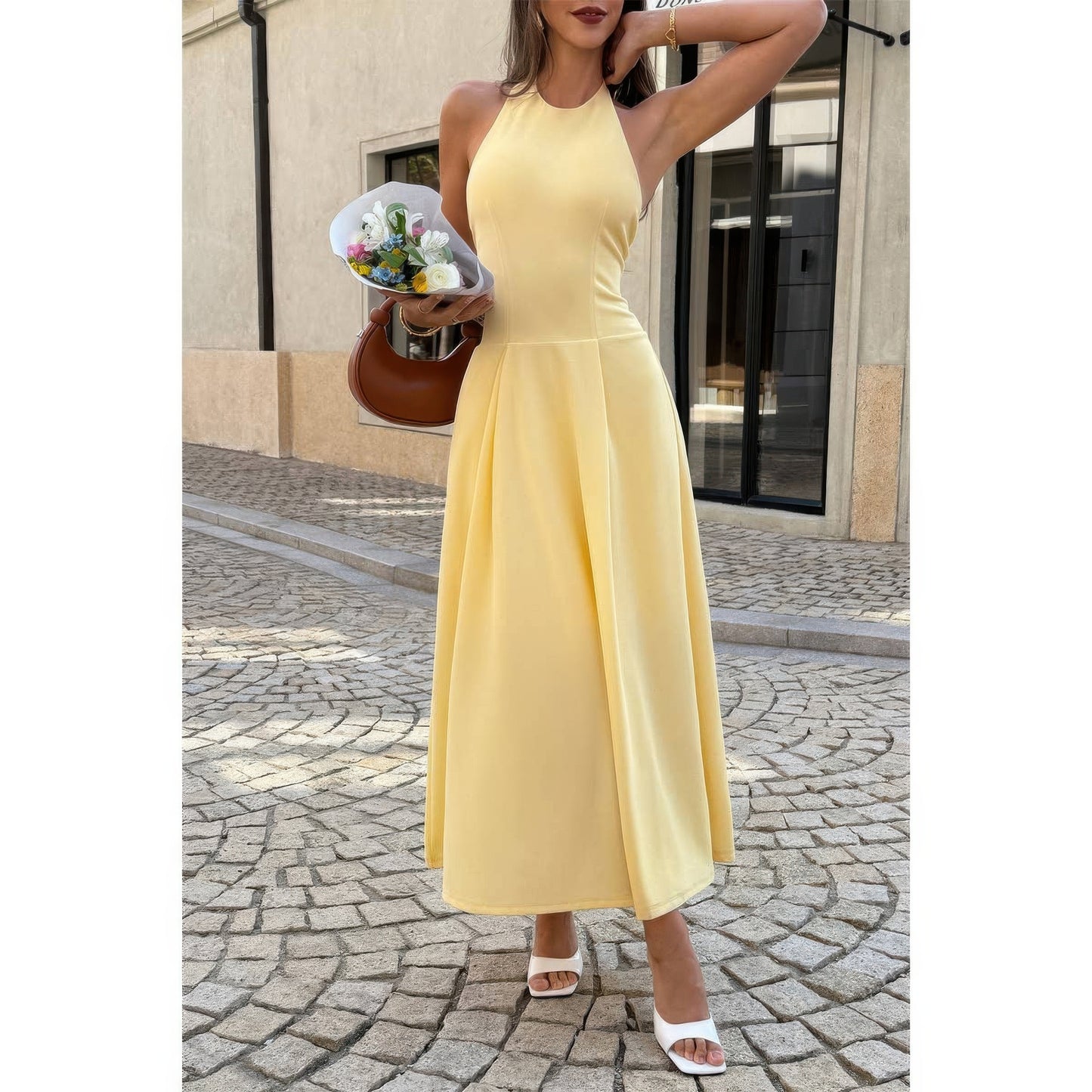 Halter Solid Dropped Hem Midi Dress