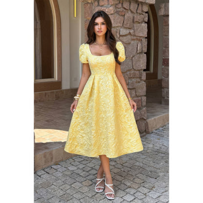 Solid Square Neck Puff Sleeve Midi Dress