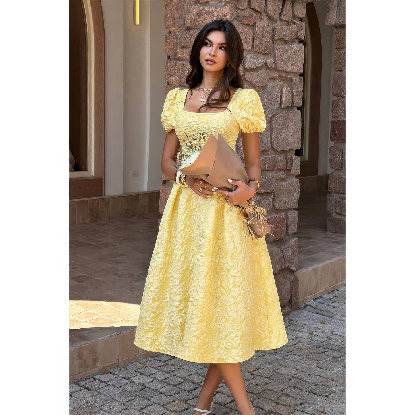 Solid Square Neck Puff Sleeve Midi Dress