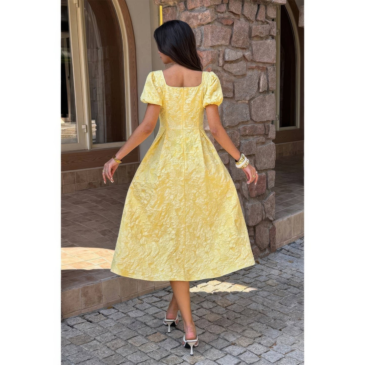 Solid Square Neck Puff Sleeve Midi Dress