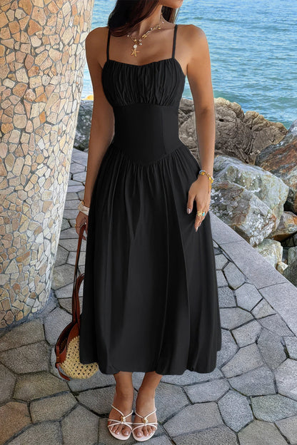 Solid Sleeveless Ruched Bust A Line Dress