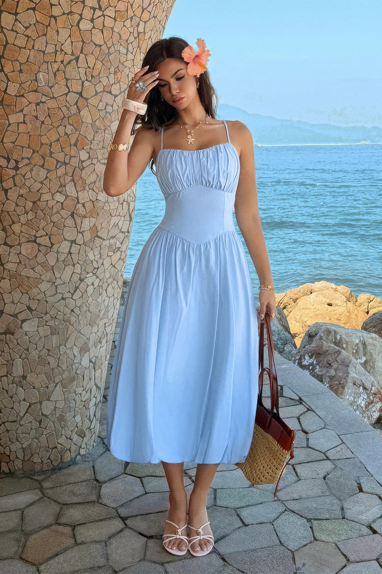 Solid Sleeveless Ruched Bust A Line Dress