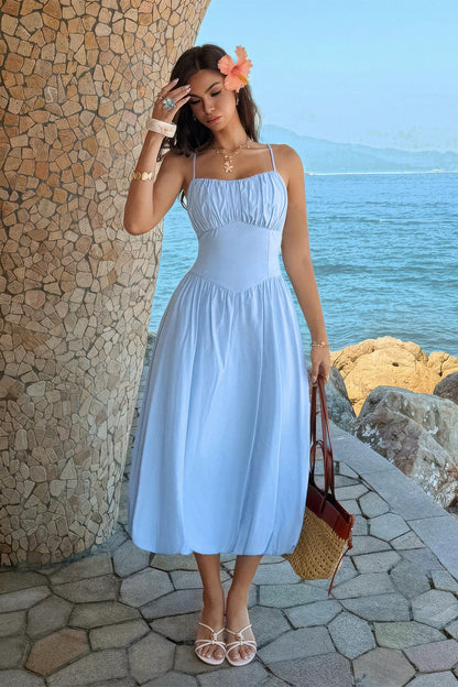 Solid Sleeveless Ruched Bust A Line Dress