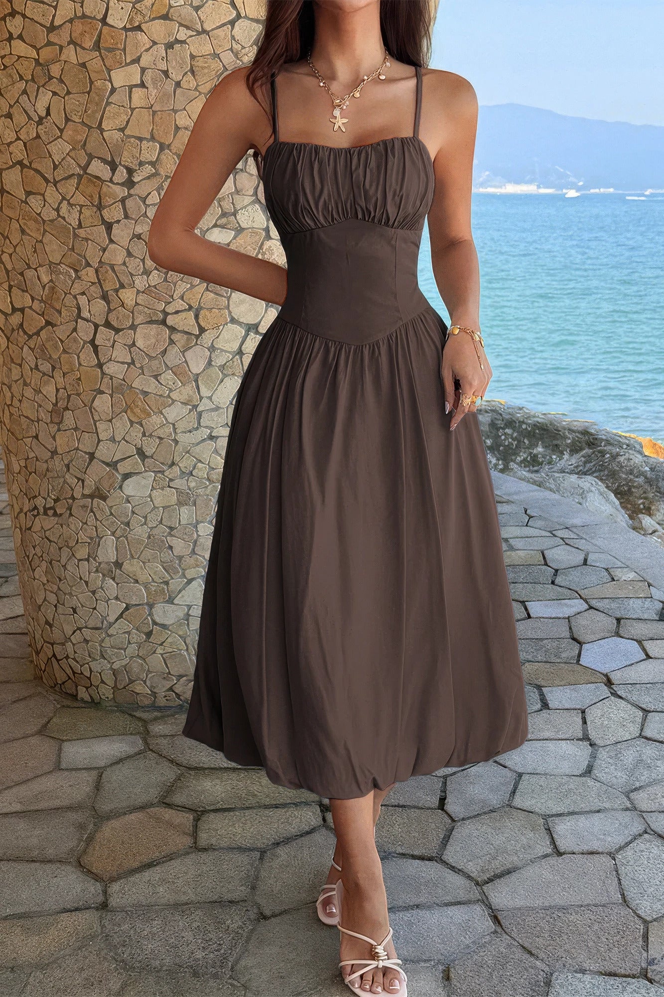 Solid Sleeveless Ruched Bust A Line Dress