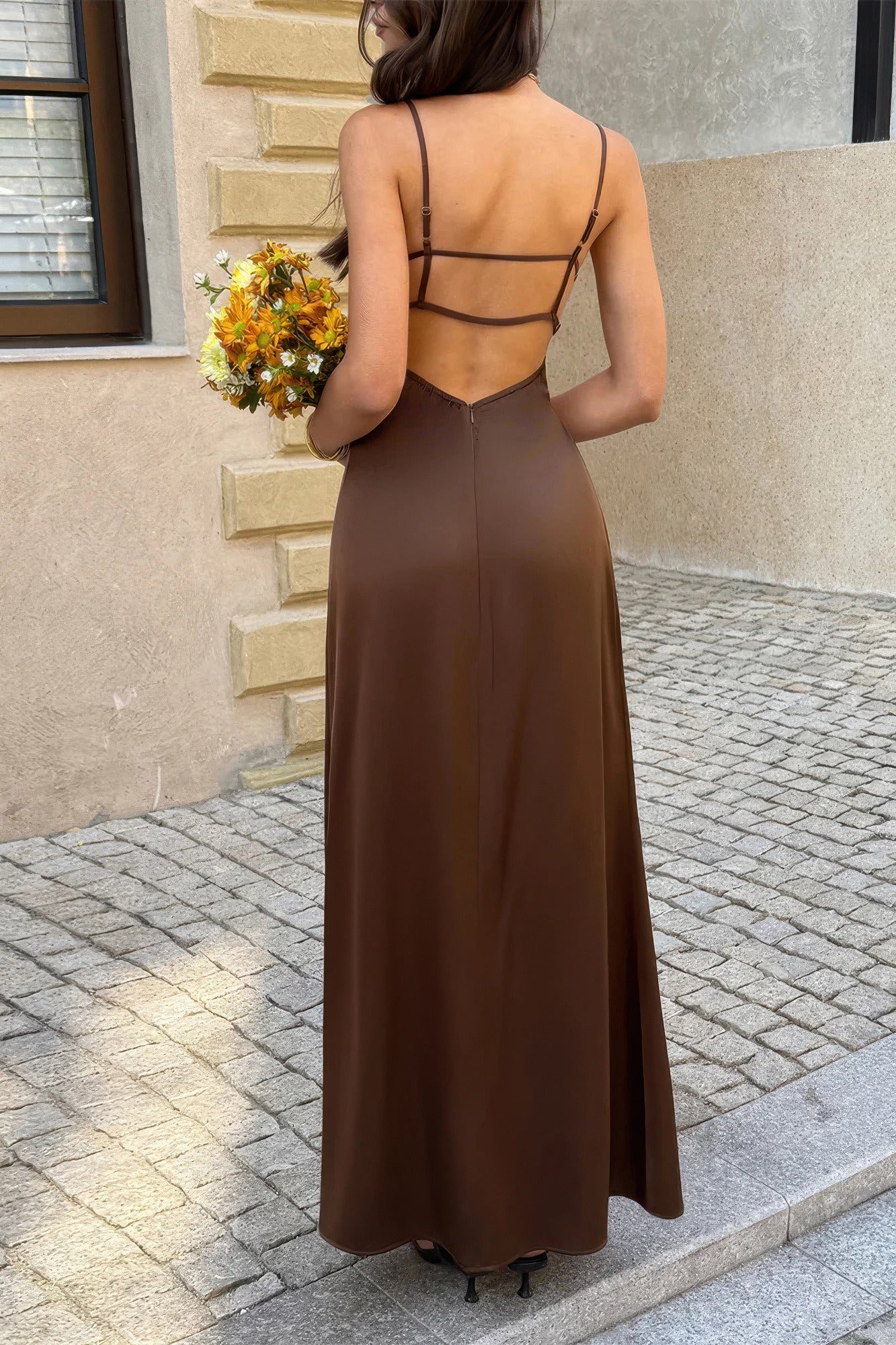 V Neck Backless Sleeveless A Line Long Dress