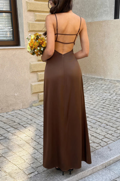 V Neck Backless Sleeveless A Line Long Dress