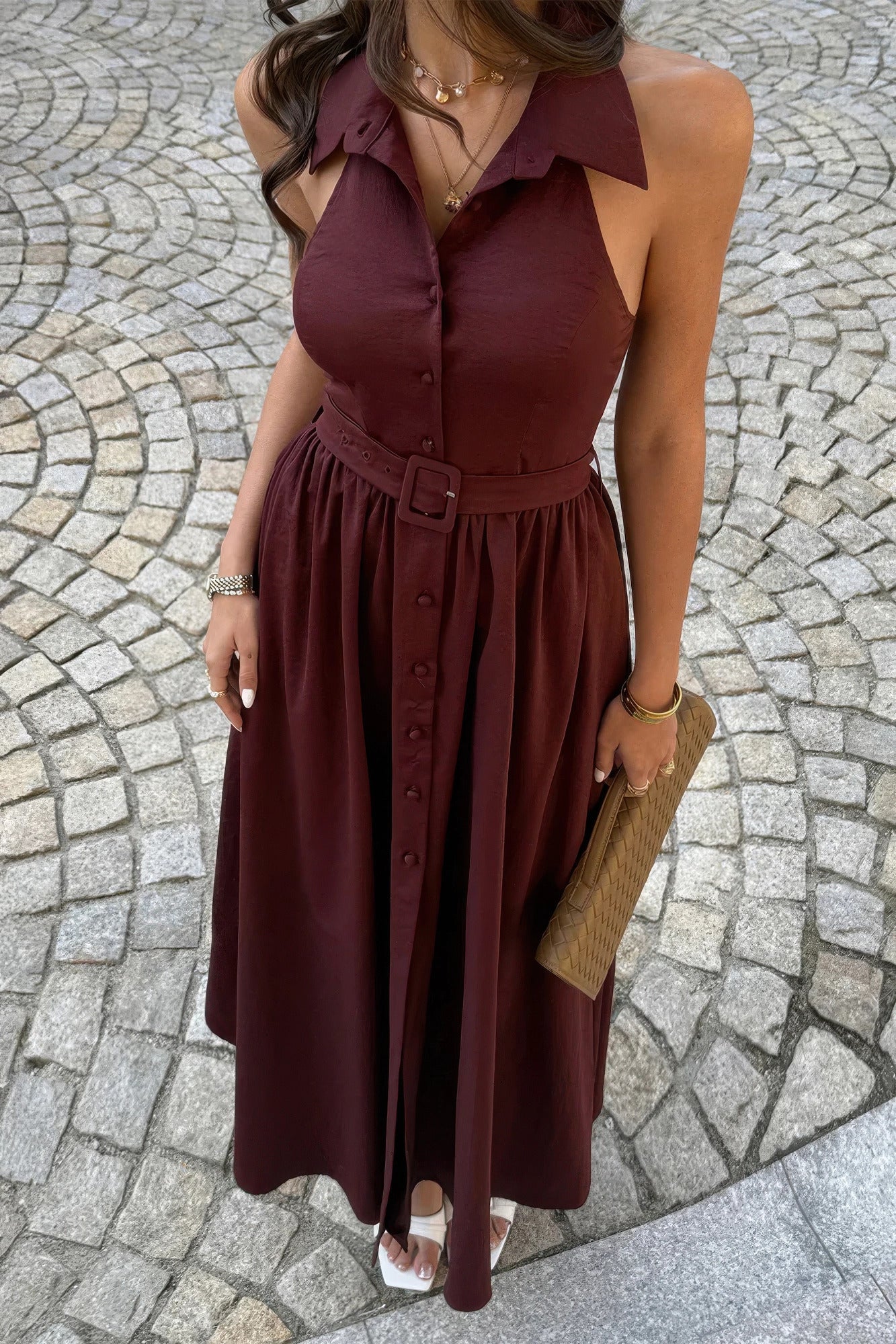 Collared Belt Sleeveless A Line Midi Dress