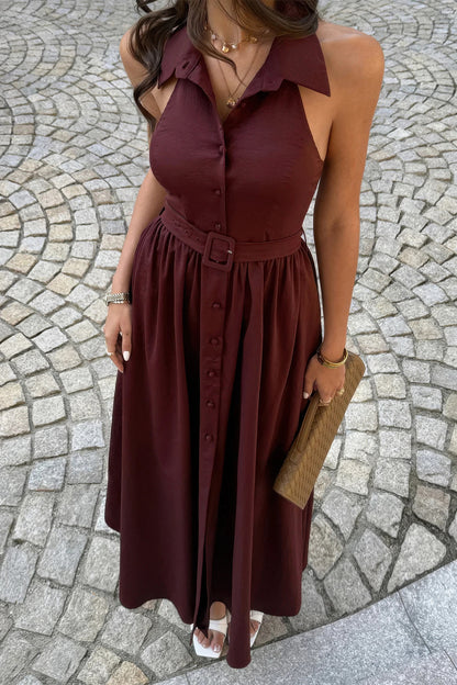 Collared Belt Sleeveless A Line Midi Dress