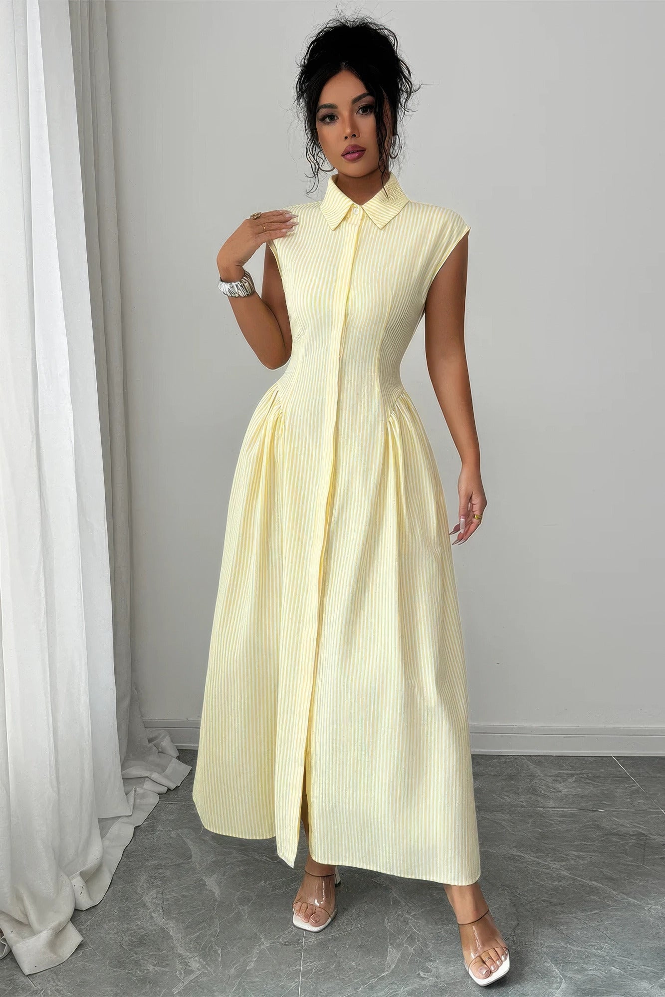 Front Slit Collar Cap Sleeve Ruched Waist Long Dress