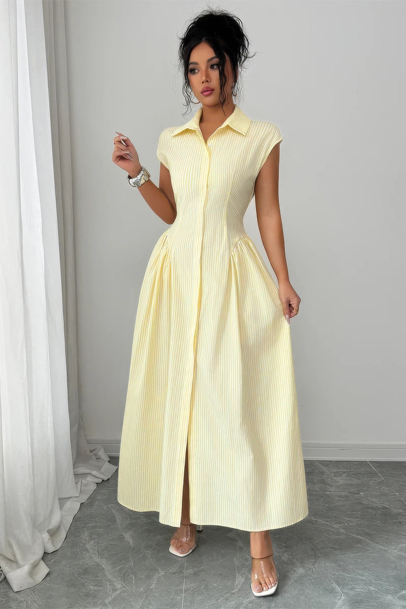 Front Slit Collar Cap Sleeve Ruched Waist Long Dress