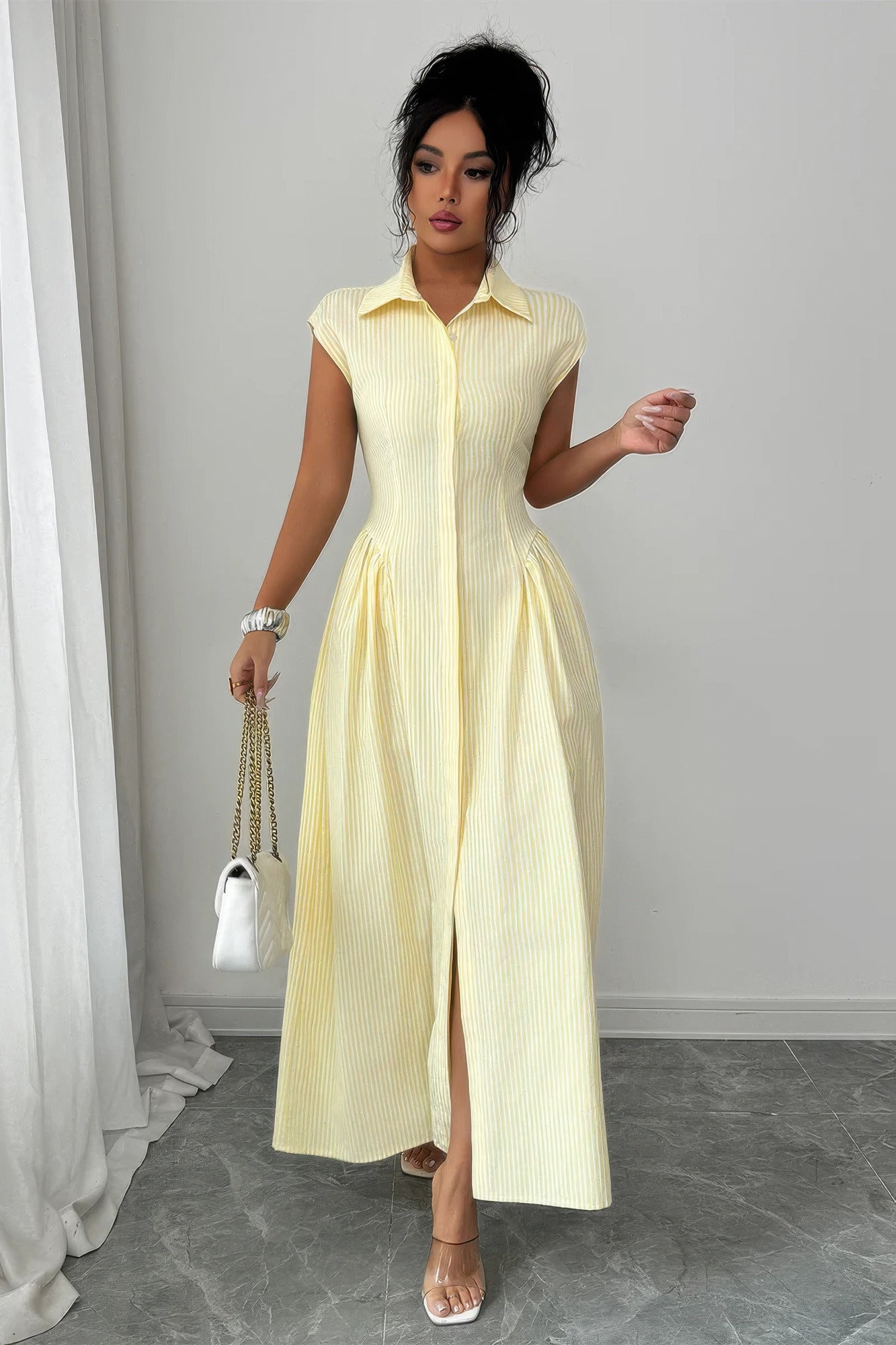 Front Slit Collar Cap Sleeve Ruched Waist Long Dress