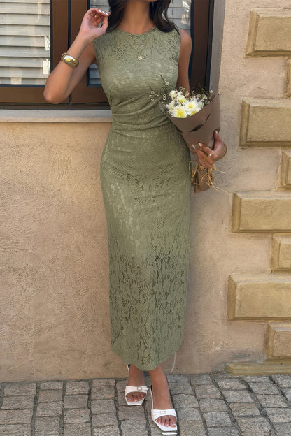 Solid Refined Cocktail Party Lace Midi Ruched Waist Dress