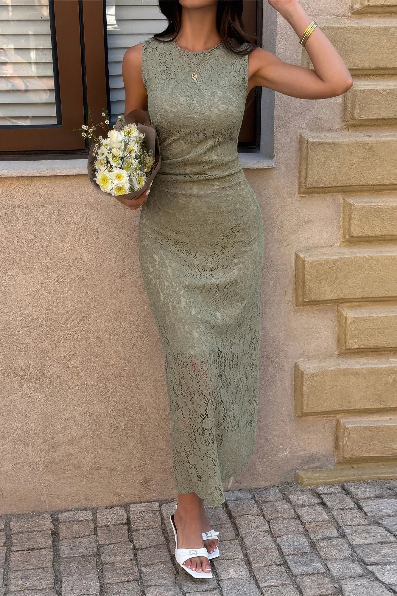 Solid Refined Cocktail Party Lace Midi Ruched Waist Dress