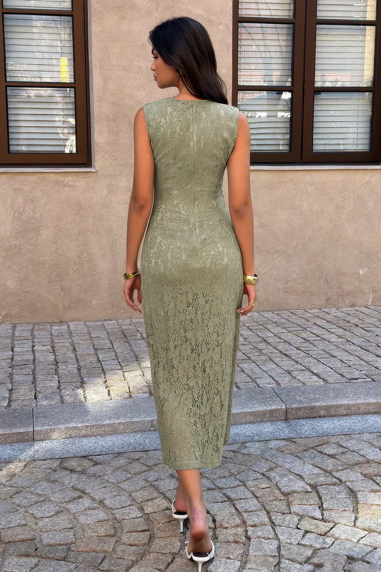 Solid Refined Cocktail Party Lace Midi Ruched Waist Dress