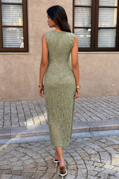 Solid Refined Cocktail Party Lace Midi Ruched Waist Dress