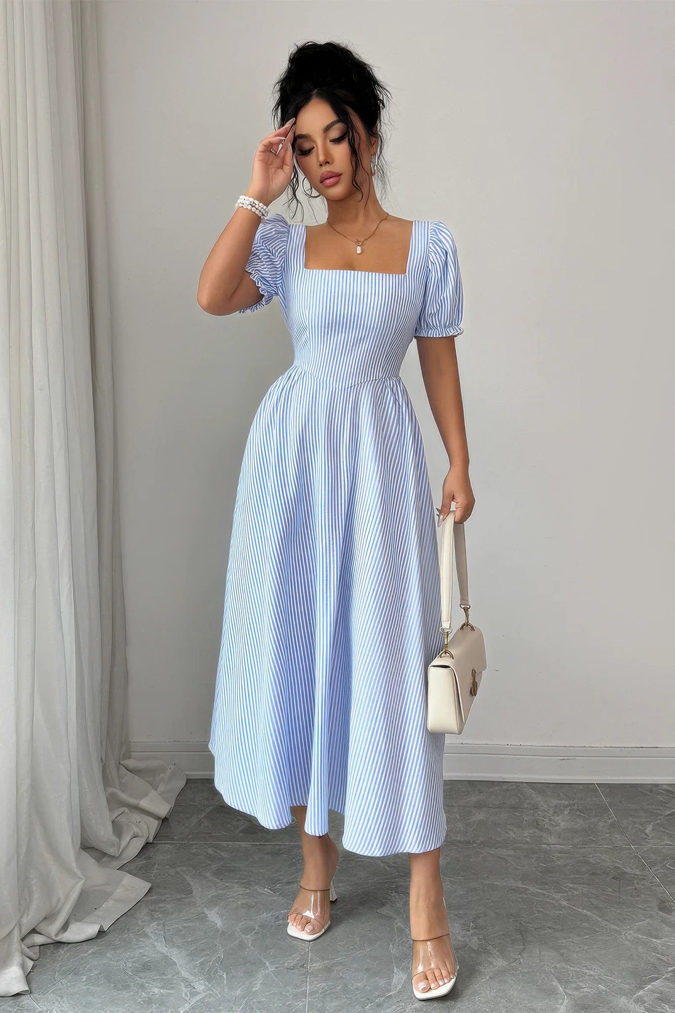 Square Neck Puff Sleeve Backless Bow Tied Striped Flowy Dress