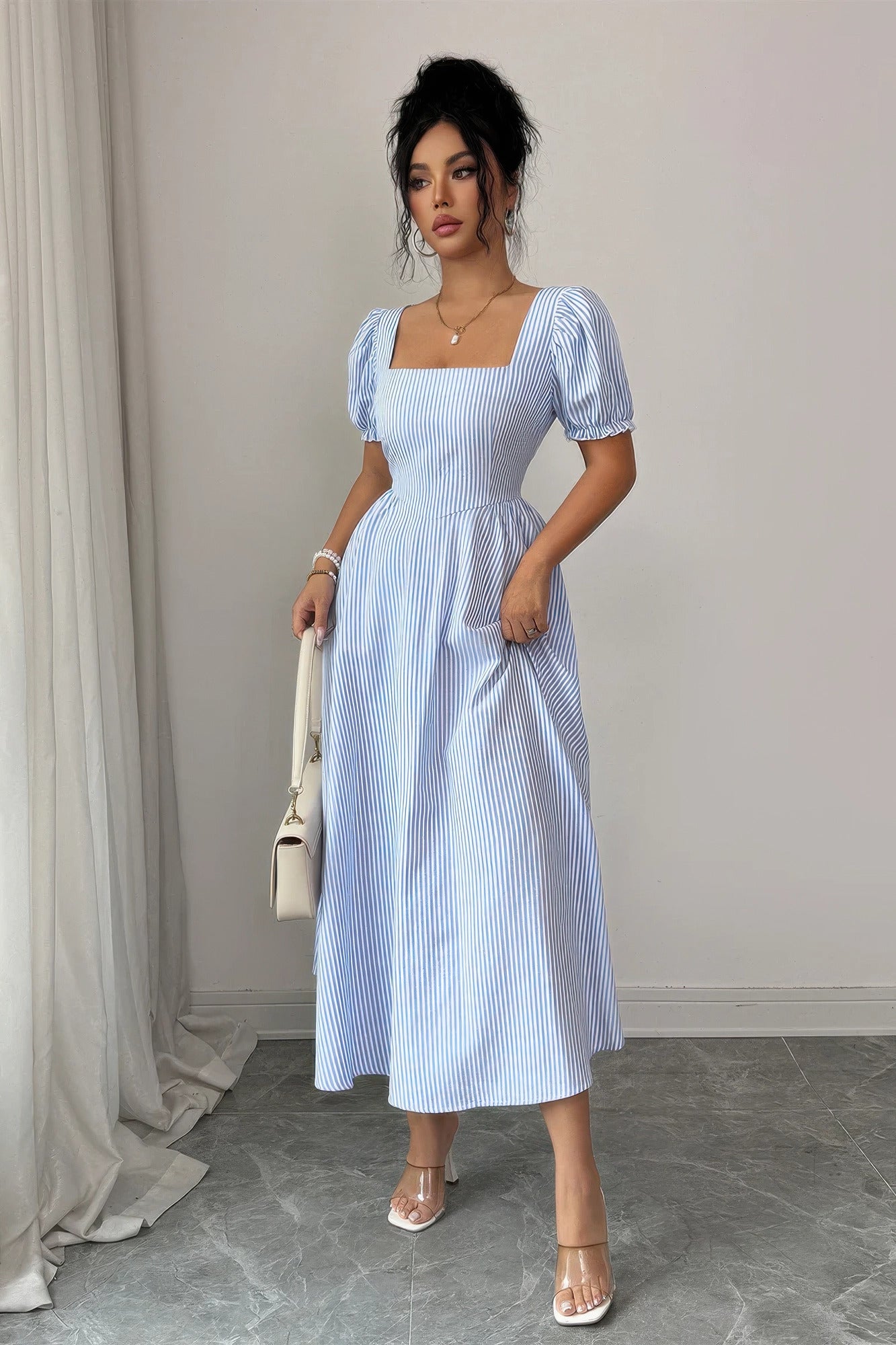 Square Neck Puff Sleeve Backless Bow Tied Striped Flowy Dress
