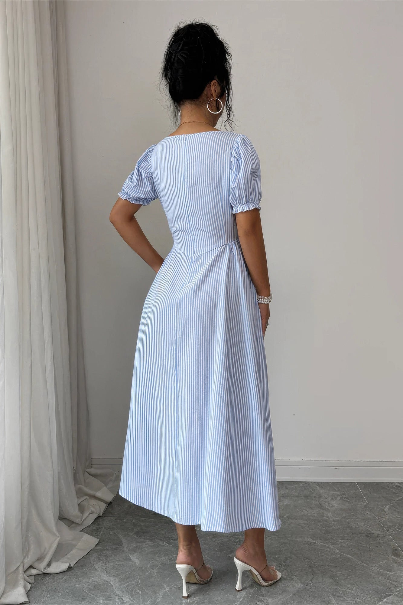 Square Neck Puff Sleeve Backless Bow Tied Striped Flowy Dress