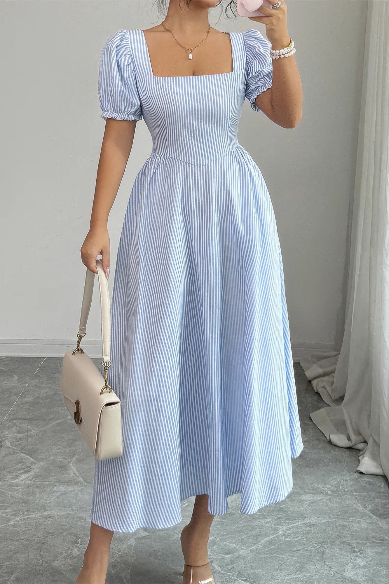 Square Neck Puff Sleeve Backless Bow Tied Striped Flowy Dress