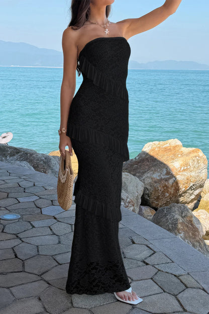 Solid Off Shoulder Bodycon Lace Maxi Dress