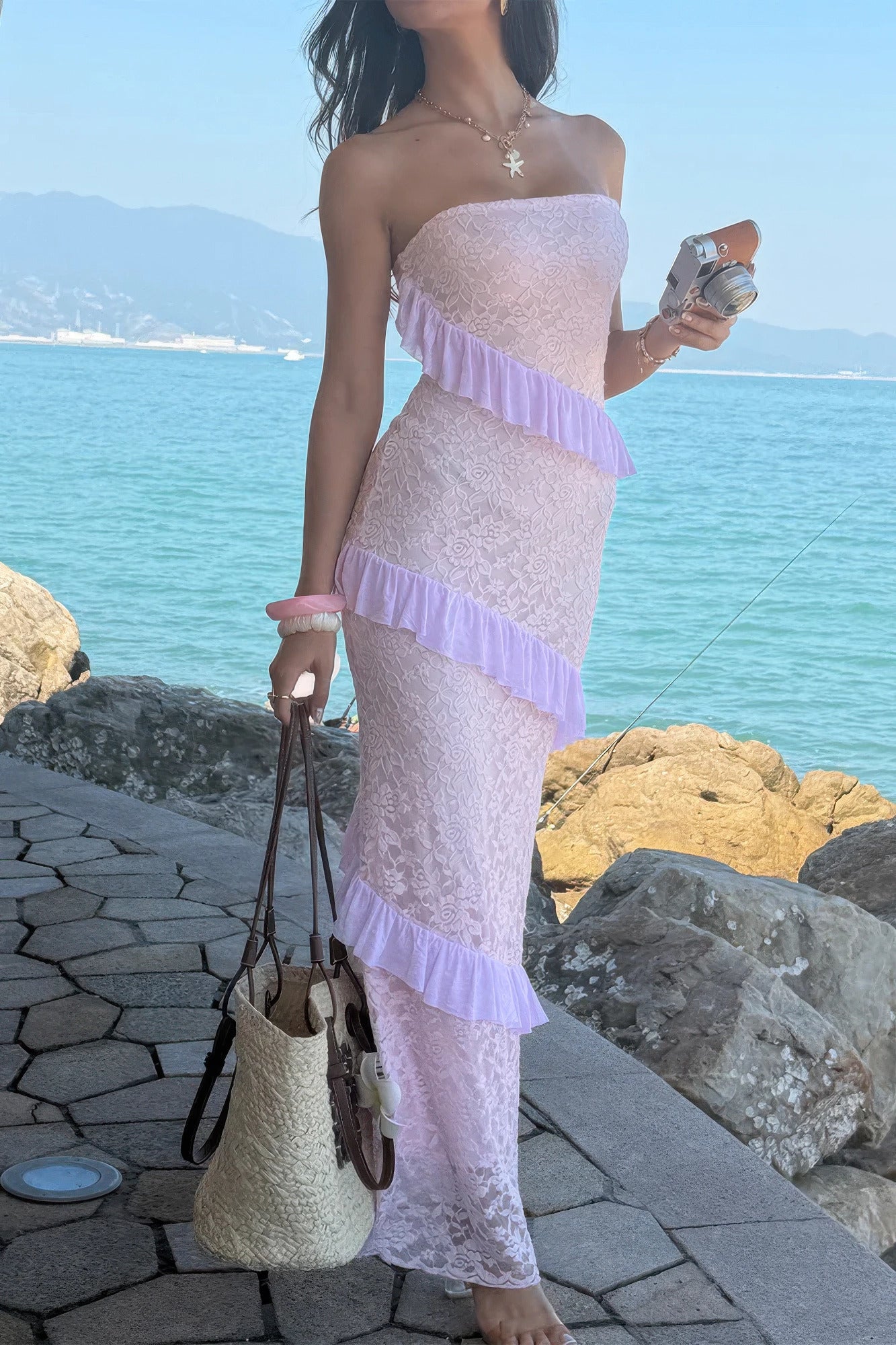 Solid Off Shoulder Bodycon Lace Maxi Dress
